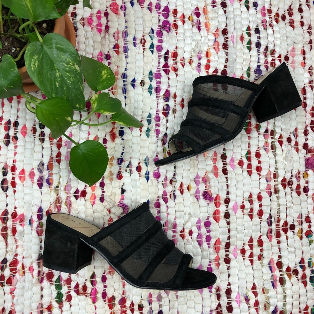 Sole Socity Henna Black Leather Mesh Mule Sandals